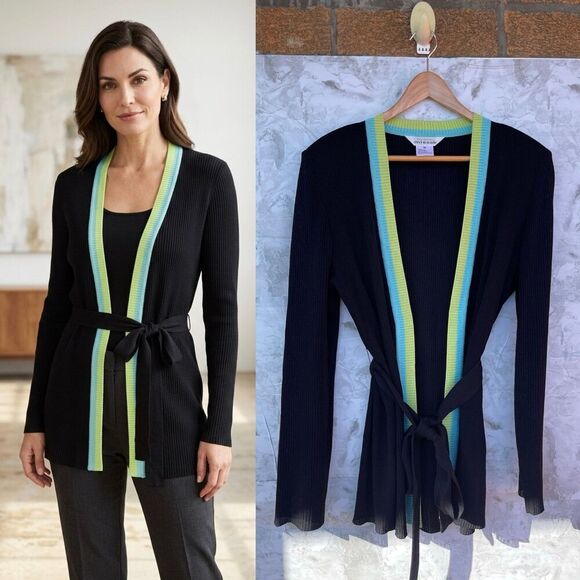 Misook Sweaters - Misook Ribbed Knit Belted Cardigan Lime Aqua Trim Mod Avant Basic Chic M